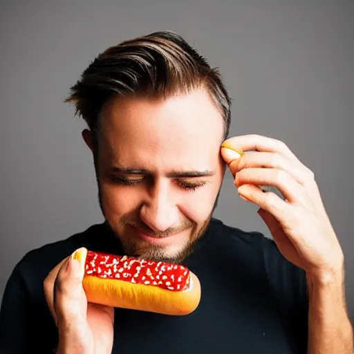 Image similar to man sticking a hot - dog into his ear