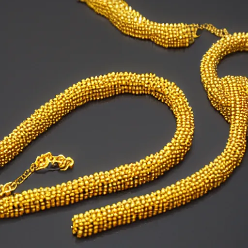 Image similar to a studio photoshoot of a Gold Beaded Chain with 12 beads, designed by Tom Sachs, realistic, color film photography by Tyler Mitchell, 35 mm, graflex