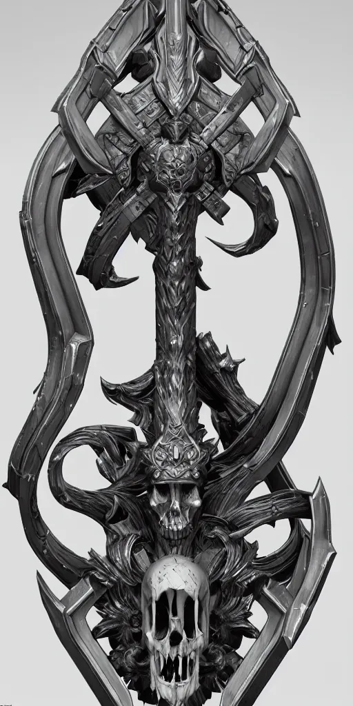 Prompt: a black and silver sword skull crest, ornament, weapon, a 3 d render by dom qwek, front side, concept art, trending on polycount, artstation, hard surface modeling, rendered in maya, zbrush, hd, blizzard, symmetry