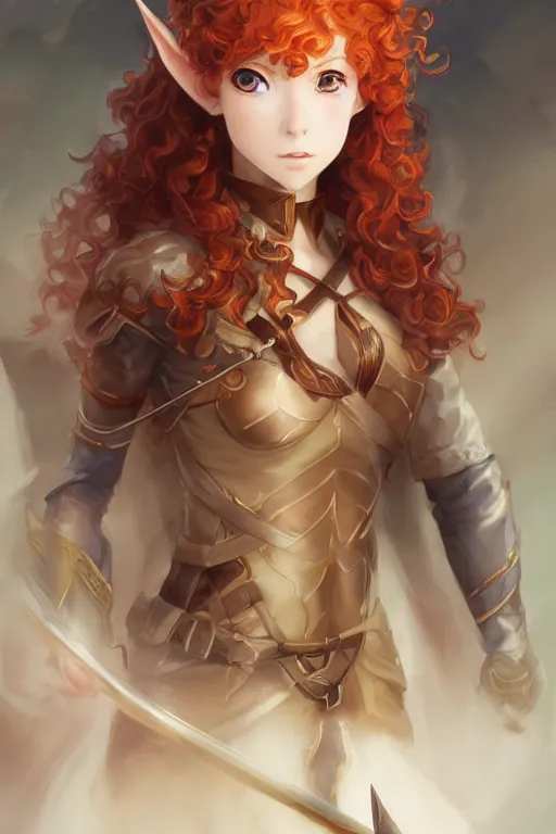 Image similar to A beautiful anime portrait of a curly haired redhead female elf, rpg ranger outfit, elven bow, by Stanley Artgerm Lau, WLOP, Rossdraws, James Jean, Andrei Riabovitchev, Marc Simonetti, and Sakimichan, tranding on artstation