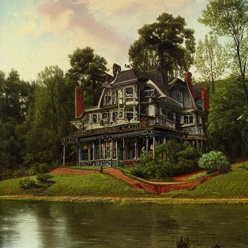 Image similar to Victorian mansion in the woods of Maine, a lake beside it, felix Kelly