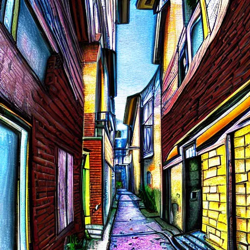 Image similar to alley among residental buildings, ghetto neiborhood, anime style painting, fish eye effect, wide angle