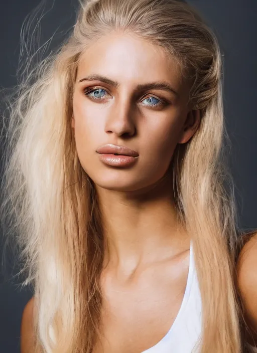 Prompt: photograph of an olive skinned blonde female model in her twenties, her hair pinned up, wearing a designer top, looking content, focused on her neck, photo realistic, extreme detail skin, natural beauty, no filter, slr, golden hour, 4 k, high definition, selfie