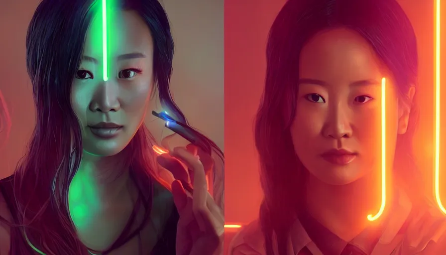 Image similar to jamie chung, lolita, altered carbon, highly detailed surreal neon vfx portrait of a android, stephen bliss, unreal engine, greg rutkowski, loish, rhads, beeple, makoto shinkai and lois van baarle, ilya kuvshinov, rossdraws, tom bagshaw, global illumination, detailed and intricate environment