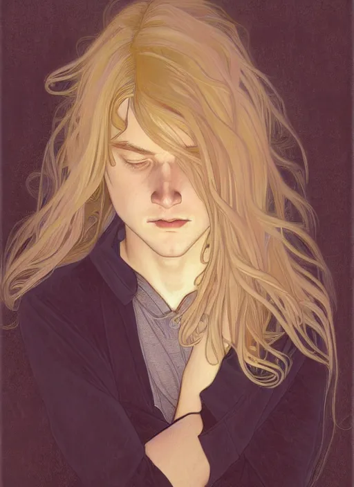 Prompt: pretty young man with shoulder length shiny shimmering golden blond hair, head down, shy, sad, scared, path traced, highly detailed, high quality, digital painting, by studio ghibli and alphonse mucha, leesha hannigan, disney