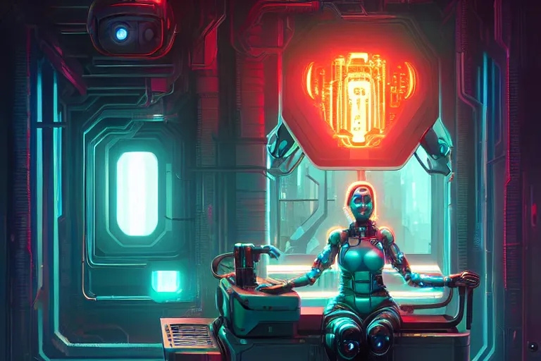 Prompt: mother ai, hearth of the machine in cyberpunk style, energy core, cybernetic shrine, robot religion, realistic shaded lighting, magali villeneuve, artgerm, rutkowski