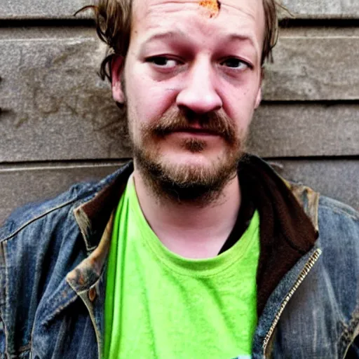 Image similar to homeless justin vernon in portland covered in chocolate stains. photograph.