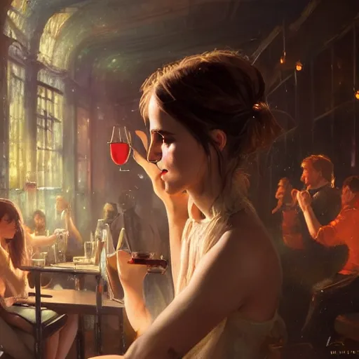 Image similar to highly detailed painting of emma watson drunk in a club, stephen bliss, 8 k, by greg rutkowski, loish, rhads, artgerm, ferdinand knab, makoto shinkai and lois van baarle, ilya kuvshinov, rossdraws, global illumination, radiant light, detailed and intricate environment