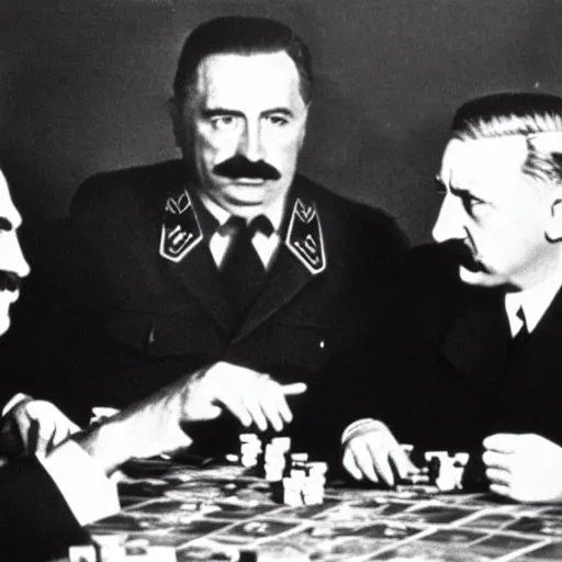 Image similar to UHD candid color photo of Joseph Stalin playing poker with Joe Biden and Hitler, accurate faces, UHD, photorealistic, correct face, photo by Annie Leibowitz