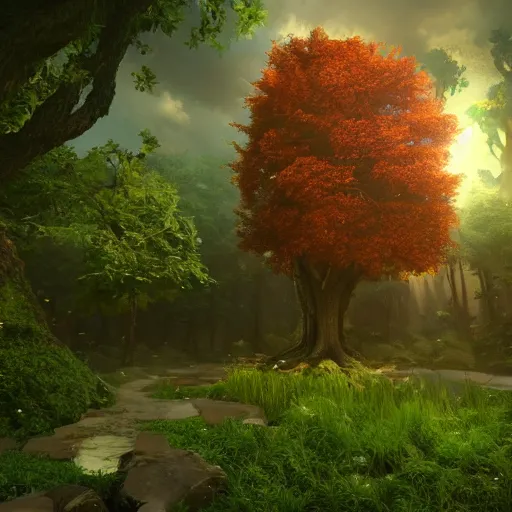 Image similar to The tree of the knowledge of good and evil, photorealistic, fantasy, unreal engine, colorful, cinematic