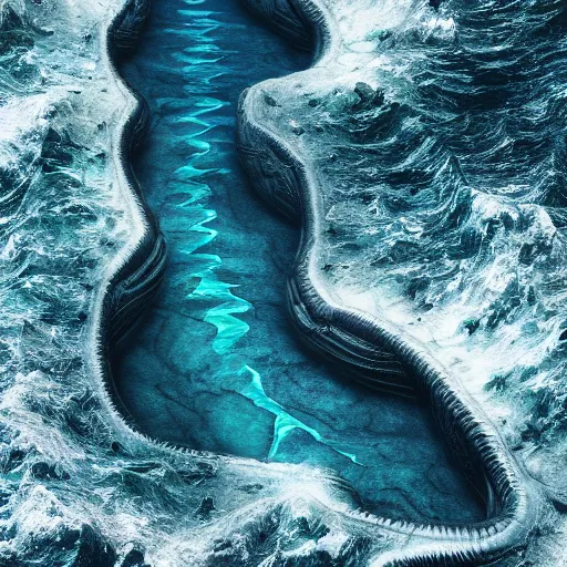 Image similar to top down view of an alien ocean, sea leviathan serpent emerging out of the water, mountains sticking out of the ocean, storm, octane render, detailed, cinematic lighting, dramatic lighting