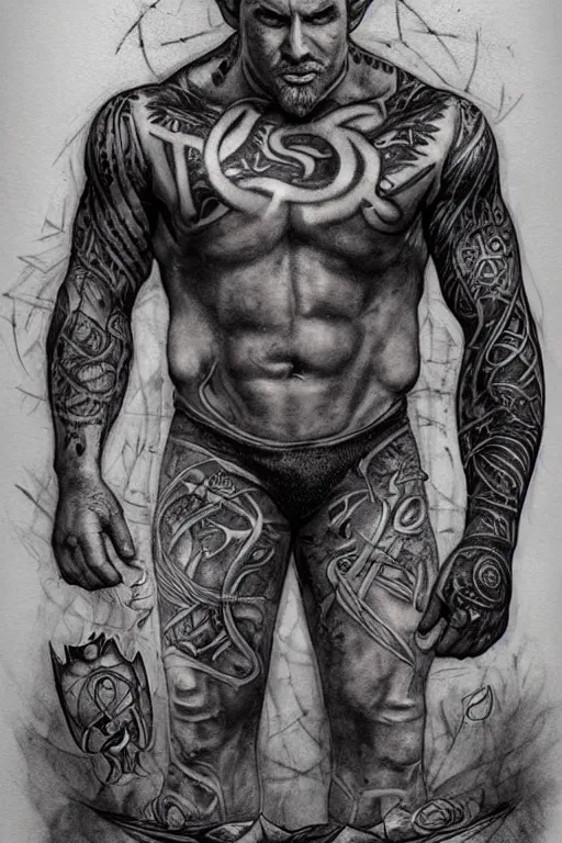 Prompt: Photorealistic frontal standing pose portrait of a muscular man chest and torso heavily tattooed with Elvish runes, letters and symbols, all his skin is covered by tattoos, from face to neck to toe, surrounded by magic lightings overlays, Intricate, concept art, magic lighting overlays, magical portal opened, D&D!, fantasy style, sharp focus!, ultra detailed, art by Artgerm and Peter Andrew Jones, WLUP, Magali Villeneuve