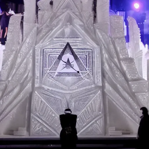 Prompt: photograph of the 2 0 foot high elaborate occult masonic illuminati ice sculpture from lady gaga's presidential funeral