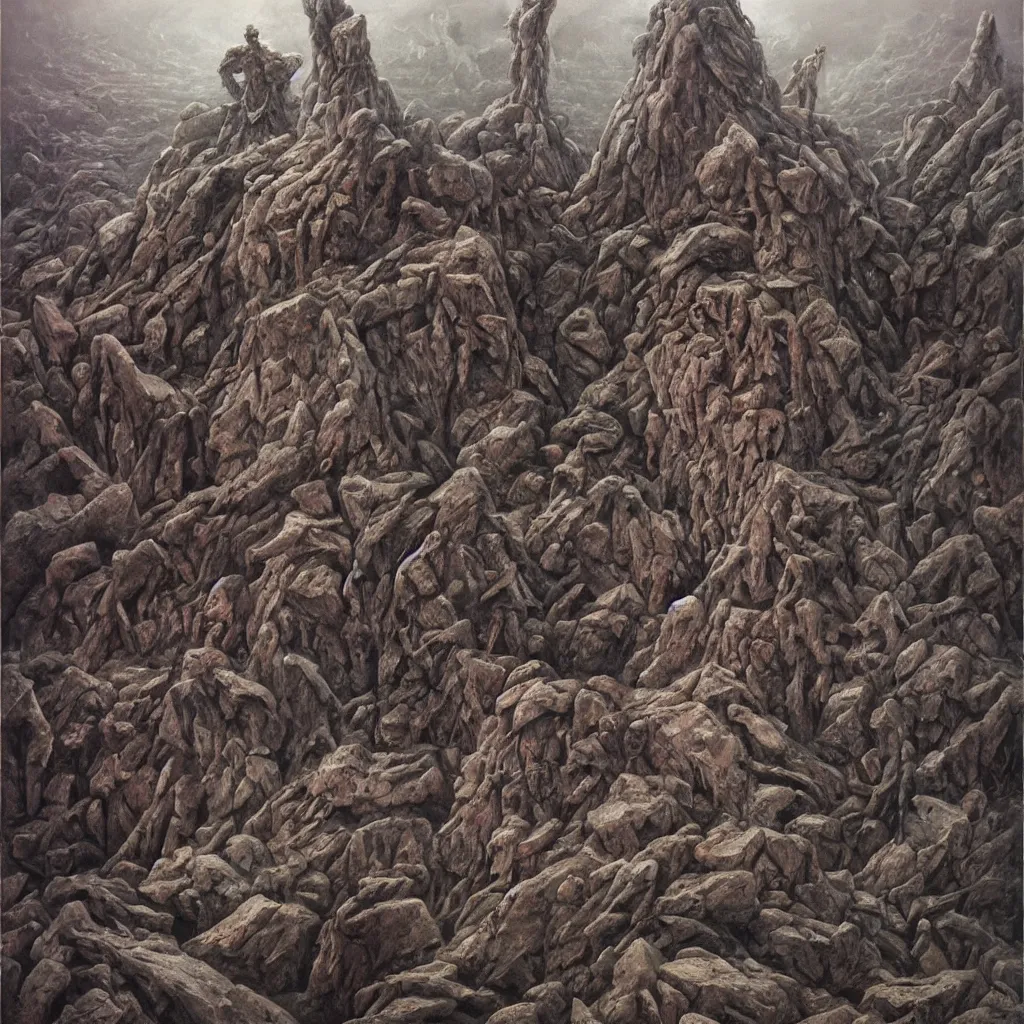 Image similar to oil painting of donald trump in a desolate hell - scape, shackled to a giant stone letter q, painted by dan seagrave, wayne barlowe and zdzisław beksinski, front and center, intricate detail, surrealist, macabre, dark, horror, pain, suffering, death