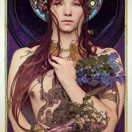 Prompt: portrait of a goddess, full body tattoo, behance hd artstation, by moebius, alphonse mucha, ayami kojima, amano, greg hildebrandt, and mark brooks, masculine, male, art nouveau, neo - gothic, gothic, character concept design, dynamic light, stylised illustration, disco elysium