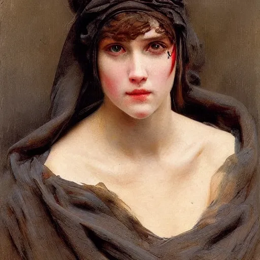 Image similar to portrait of a girl covered in scars wearing a black hood, extremely detailed painting by gaston bussiere and j. c. leyendecker 8 k