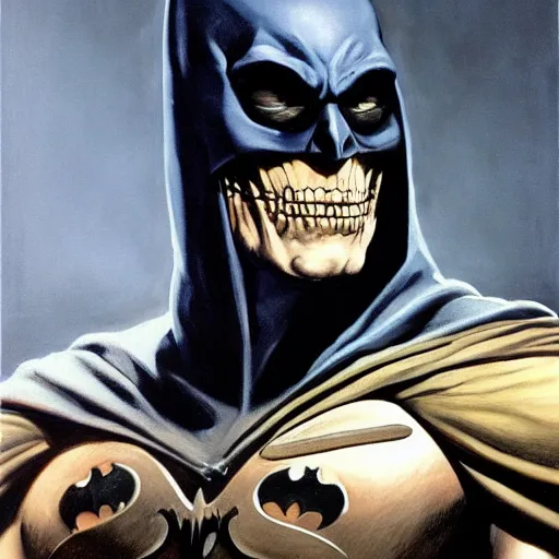 Image similar to ultra realistic portrait painting of skeletor as batman, art by frank frazetta, 4 k, ultra realistic, highly detailed, epic lighting