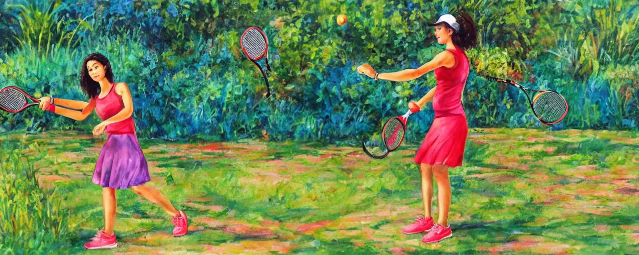 Prompt: a vibrant painting of a women playing tennis with giant pickles in a botanic garden