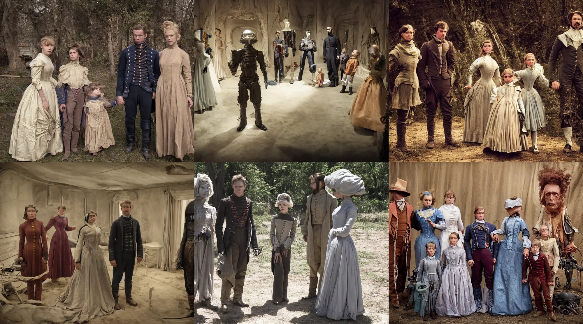 Prompt: sharp, still from a sci fi blockbuster color movie made in 2022, set in 1860, of a family leaving a spaceship that has just landed on an alien planet, a humanoid alien stands nearby, the family are wearing 1850s era clothes, 4k, in focus, extremely good quality lighting, good quality photography, a list cast, famous actors, famous actresses