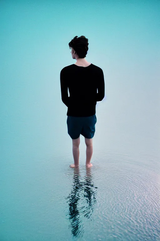 Prompt: high quality pastel coloured film mid angle docu photograph of a beautiful young 2 0 year old male, soft features, short black hair, wearing clothing, falling in an icelandic black rock pool environment. atmospheric. three point light. photographic. art directed. ( pastel colours ). volumetric light. clearcoat. waves glitch. 8 k. filmic.