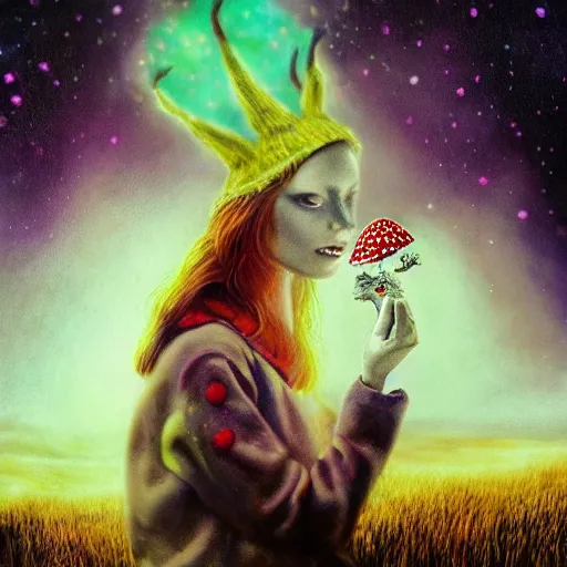 Image similar to amanita muscaria smoking weed, hyperreal, ethereal, realistic, space background