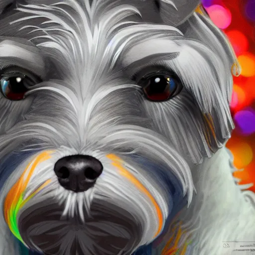 Prompt: highly detailed close up portrait of miniature schnauzer, god of winter, digital art, concept art, character art, studio lightning, bright colors, intricate, masterpiece, photorealistic, hiperrealistic, sharp focus, high contrast, Artstation HQ, DeviantArt trending, 4k UHD, Unreal Engine 5