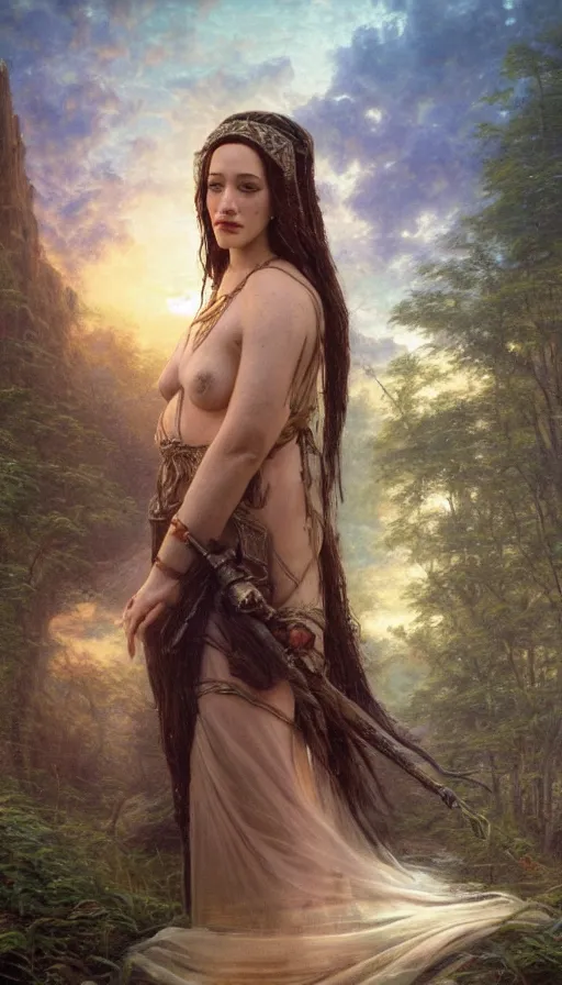 Image similar to Concept Art of cinematography of Terrence Malick film stunning portrait of featuring Kat Dennings as an ancient babylonian priestess, looking at camera, full body portrait, by Thomas Kindkade, masterpiece, Met, award winning, incredible, perfect structure