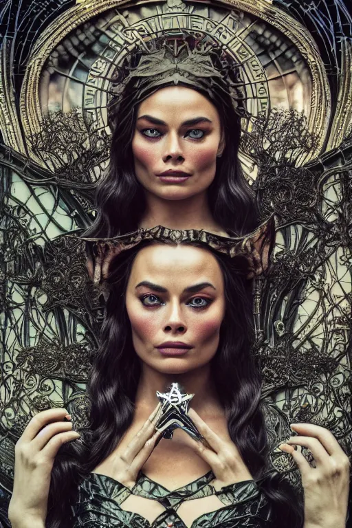 Prompt: Cinestill 50d, 8K, highly detailed, major arcana H.R Giger art nouveau nightmare Agnieszka Lorek tarot star card style 3/4 extreme closeup portrait of margot robbie, eye contact, focus on model, tilt shift background: famous major arcana tarot remake, transformation scene