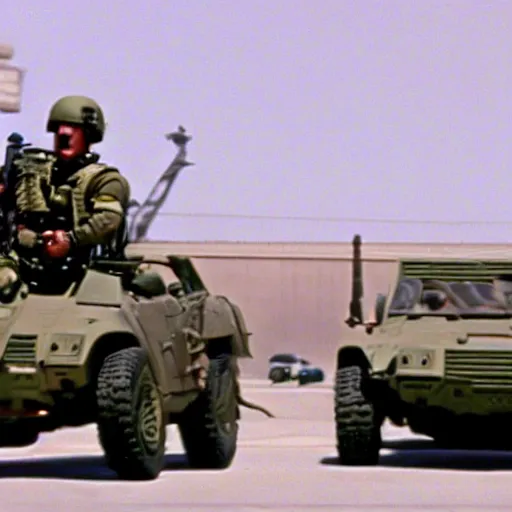 Prompt: film still of Los Angeles Future Commando Squad (1998). Villian chase scene. Sigma 85mm f/8