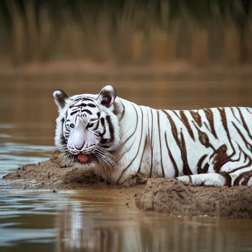 Prompt: photo of a covered in mud white tiger in a swamp in the sunset, documentary photo, 300 mm depth of field bokeh