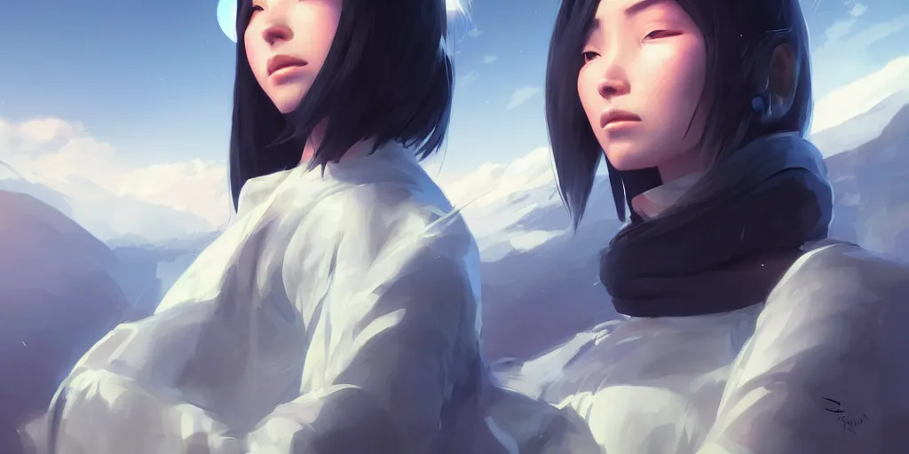 Image similar to Young Tibetan woman, somber white eyes, long, gentle lighting, piloting a small space shuttle, futuristic, dim lighting, digital art by Makoto Shinkai ilya kuvshinov and Wojtek Fus, digital art, concept art,