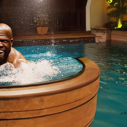 Prompt: terry crews swimming in a pool, the pool is made of salsa, cinematic lighting