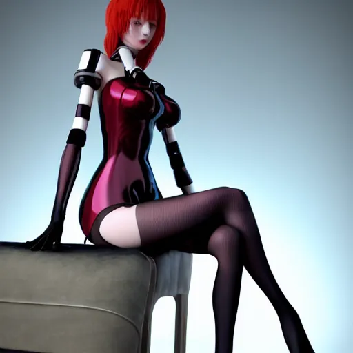 Image similar to gorgeous redhead gynoid posing flirty sitting, photorealistic, highly detailed,