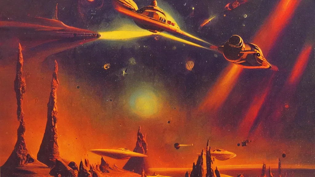 Image similar to spaceship design by paul lehr and jack gaughan and john schoenherr, cinematic matte painting