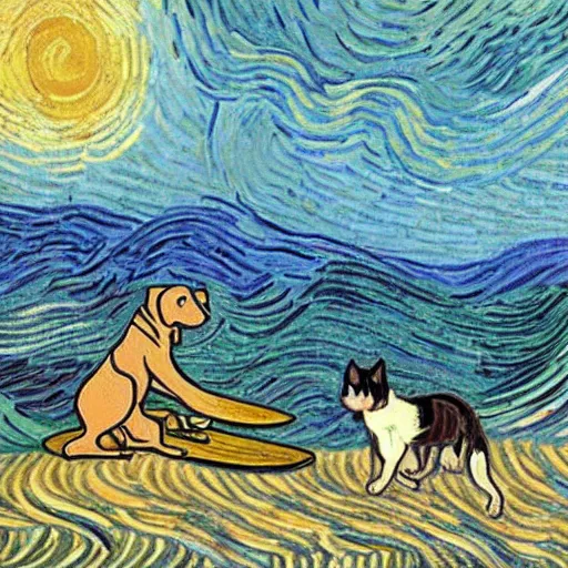 Image similar to dog and a cat surfing the sea during twilight in van gogh style