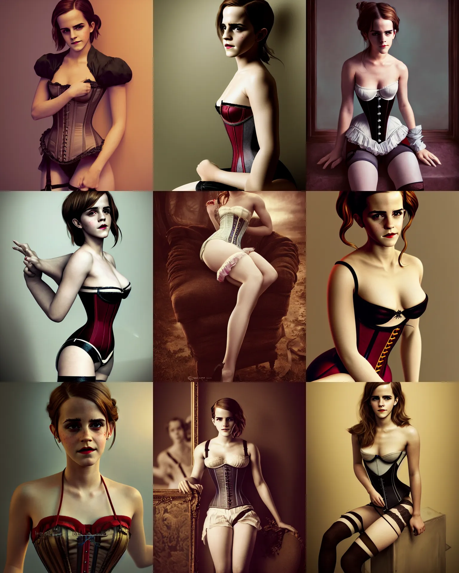 Prompt: full shot portrait painting of very beautiful emma watson posing as model in stockings corset home submissive, character design by mark ryden and pixar and hayao miyazaki, unreal 5, daz, hyperrealistic, octane render, cosplay, rpg portrait, dynamic lighting, intricate detail, cinematic, pinup