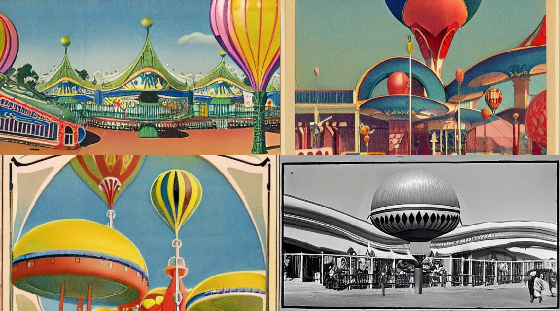 Prompt: amusement park in 1925 art nouveau architecture ballons