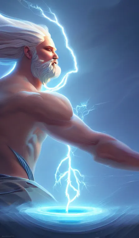 Prompt: the god zeus, lightning, close up, sharp focus, digital art, concept art, dynamic lighting, character design by anna dittman, environment by jessica rossier