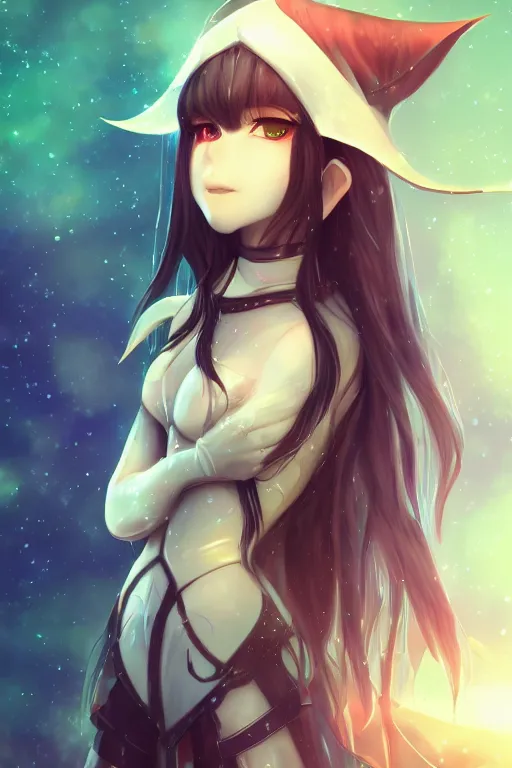 Image similar to adorable young cute anime elf girl, long black hair, fantasy armor. symmetrical face. symmetrical detailed defined eyes. beautiful lineart. bokeh pixiv # 1 ranking depth focus, chromatic aberration, noise, soft lighting, srgb, 4 k, cinematic