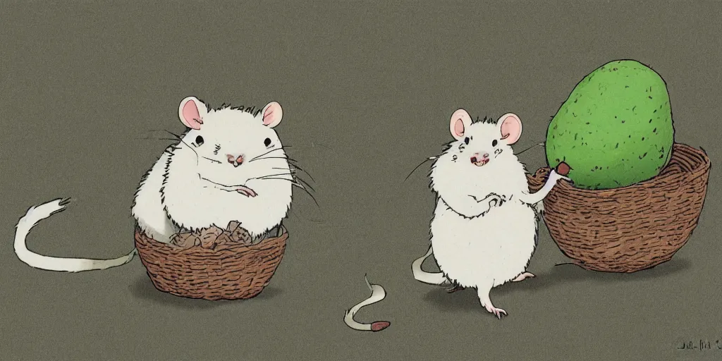 Image similar to gray, fluffy rat eating avocado, in the style of studio Ghibli  -H 1024