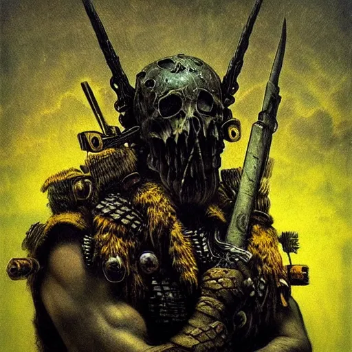 Prompt: barbarian loaded with weapons and animal skulls by beksinski and tristan eaton, black and yellow, dark neon trimmed beautiful dystopian digital art