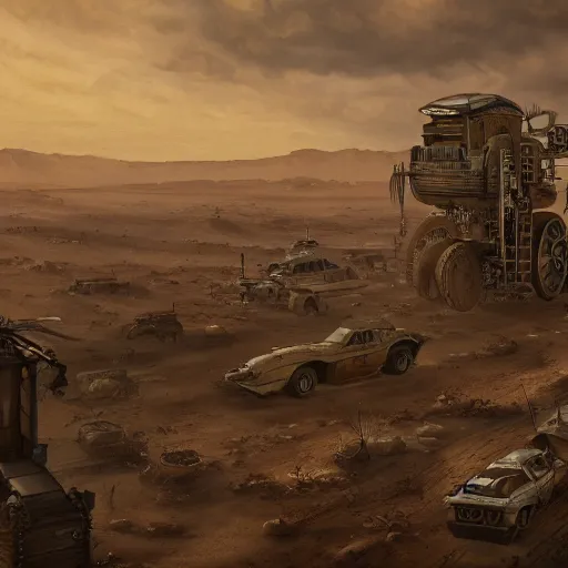 Prompt: highly detailed painting view from bird's eye postapo steampunk lively small but tall town in the middle of nowhere/wasteland endless empty desert in Mad Max style trending on Artstation, 4K, high quality