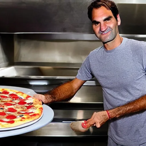 Prompt: Roger Federer cooking a pizza