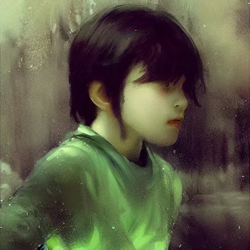 Image similar to a young boy of just 14 with Snow White! hair! and glowing green! eyes who can walk through walls, disappear, and fly. Ruan Jia