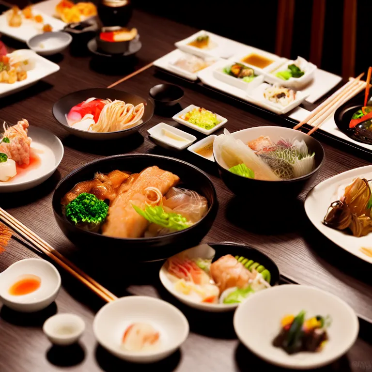 Prompt: close - up focused dslr photograph of a japanese dinner, 8 k, high detail, volumetric lighting, hyperrealism, aesthetically pleasing, studio lighting, trending