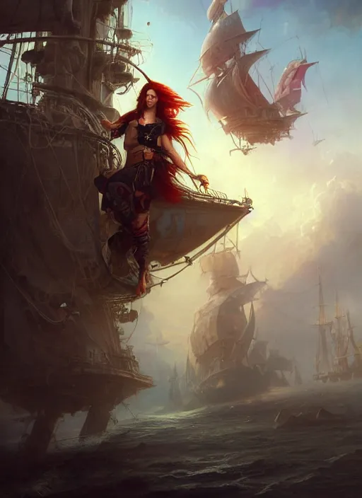 Image similar to portrait painting of a long hair red hair male pirate in front of steampunk airship in the sky by raphael lacoste and stephan martiniere greg rutkowski gaston bussiere fantasy soft hair trending on artstation key art dramtic volumetric lighting, 4 k, award winning