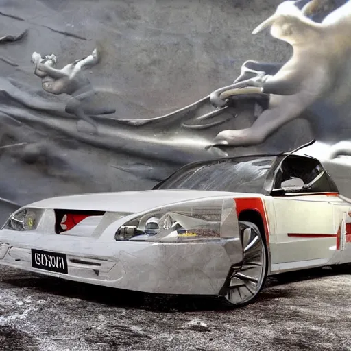 Image similar to sci-fi sport car f1 hatchback transport design organic smooth elastic forms 20% of canvas on the front; background wall structure on the coronation of napoleon painting 20% of canvas; by Jacques-Louis David, pinterest keyshot product render, cloudy plastic ceramic material shiny gloss water reflections, ultra high detail ultra realism, 4k