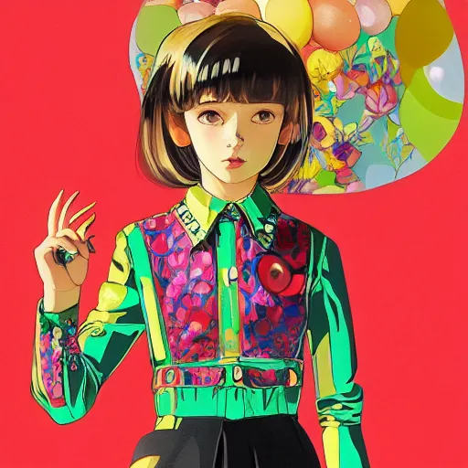 Prompt: little girl wearing an gucci's outfit. art by ilya kuvshinov, profile picture, inspired by hirohiko araki, highly detailed, 8 0 s anime art style, realistic, vogue cover