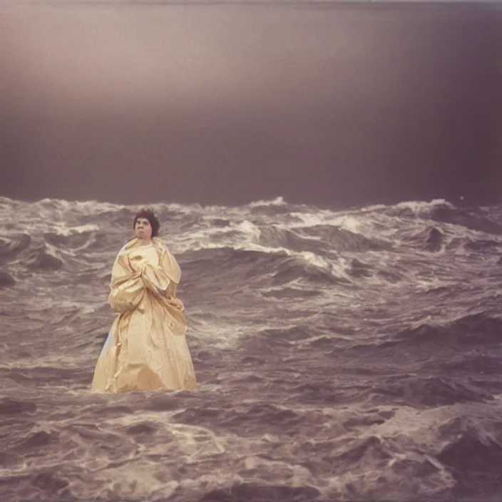 Image similar to a closeup portrait of a woman wearing wrapped in plastic, standing in front of a giant tsunami wave, color photograph, by james abbott mcneill whistler, canon eos c 3 0 0, ƒ 1. 8, 3 5 mm, 8 k, medium - format print