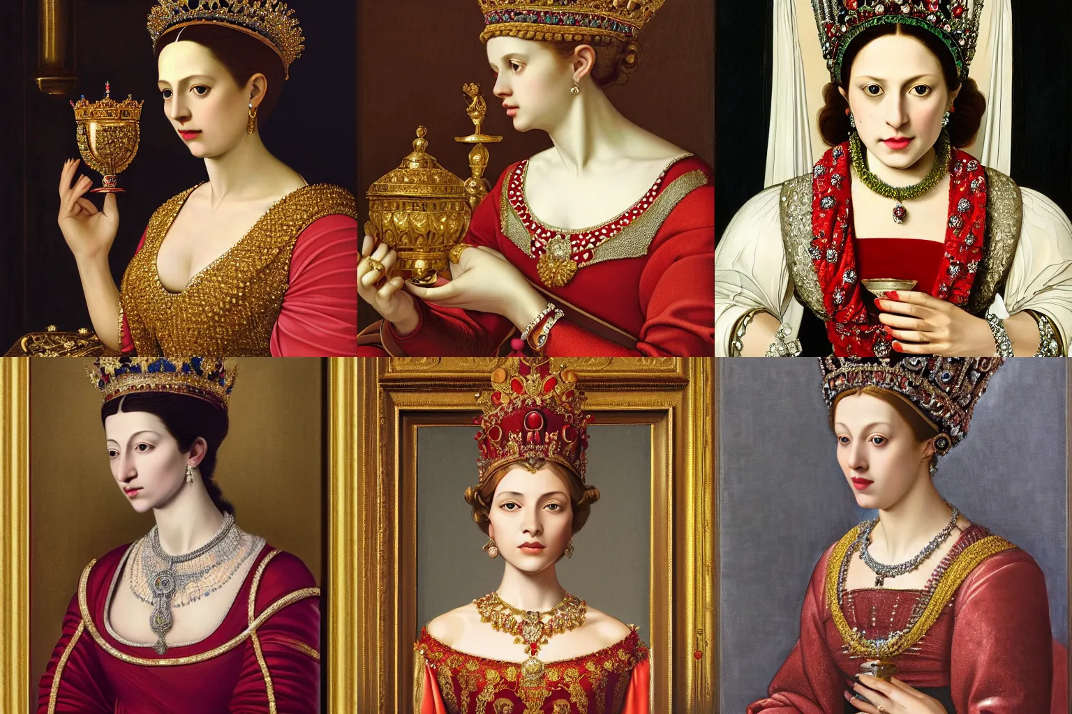 Image similar to A extremely highly detailed majestic hi-res beautiful painting of a beautiful woman wearing a long royal red silk dress, the crown jewels is on her head and she is holding a golden goblet and around her neck is a ornate golden necklace decorated with diamonds and rupees by Michelangelo Merisi da Caravaggio, high detail, hyperrealistic, photorealistic, octante render, cinematic, high textures, hyper sharp, 4k insanely detailed and intricate, hypermaximalist, 8k, hyper realistic, super detailed, 4k HDR hyper realistic high,